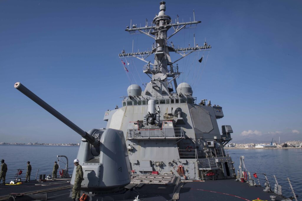 A handout photo made available by the US Navy on 10 April 2018 shows the Arleigh Burke-class guided-missile destroyer USS Donald Cook (DDG 75) departing Larnaca, on the southern coast of Cyprus, 09 April 2018. Donald Cook, forward-deployed to Rota, Spain, is on its seventh patrol in the US 6th Fleet area of operations in support of regional allies and partners, and US national security interests in Europe and Africa. According to reports on 10 April 2018, the Arleigh Burke-class warship, which carries on board some 60 Tomahawk cruise missiles, was reportedly sailing toward Syria as US President Donald J. Trump was weighing military options in response to an alleged chemical attack in Douma over the weekend.