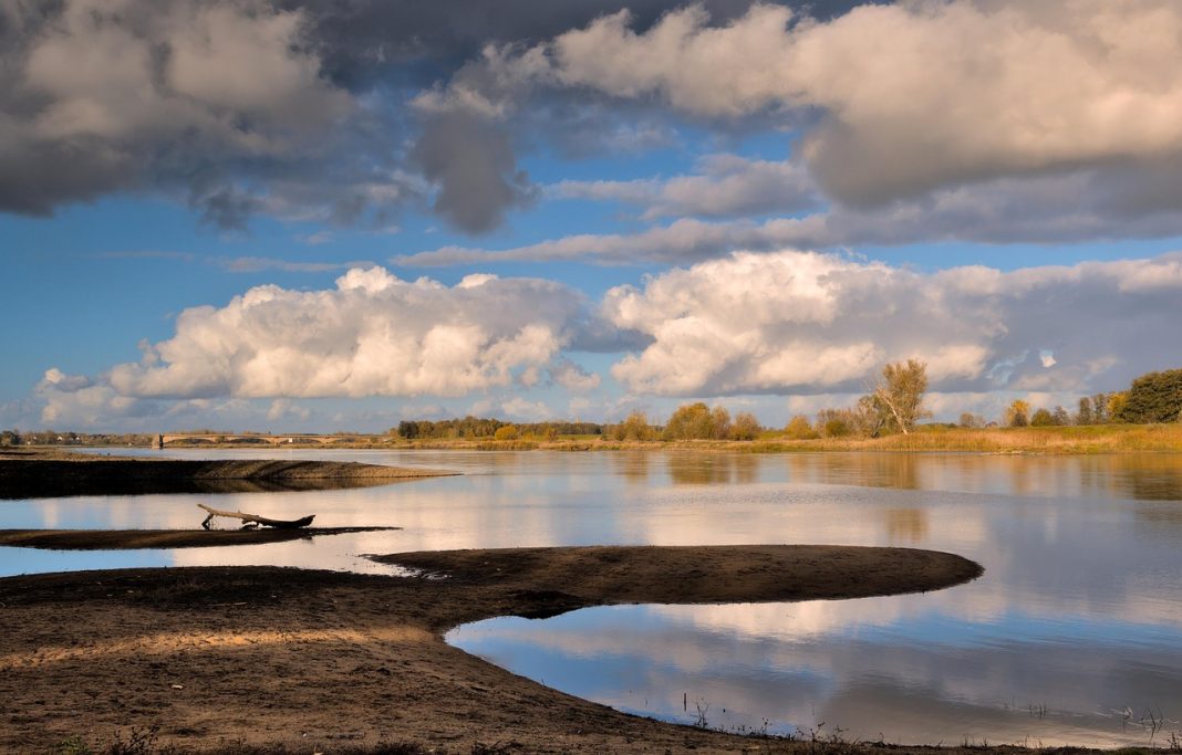 flow, reflection, water, riverside, heaven, clouds, nature, river landscape, low water, water level, riverbank, shore area, islands, landscape, or, evening atmosphere, dusk, evening hours