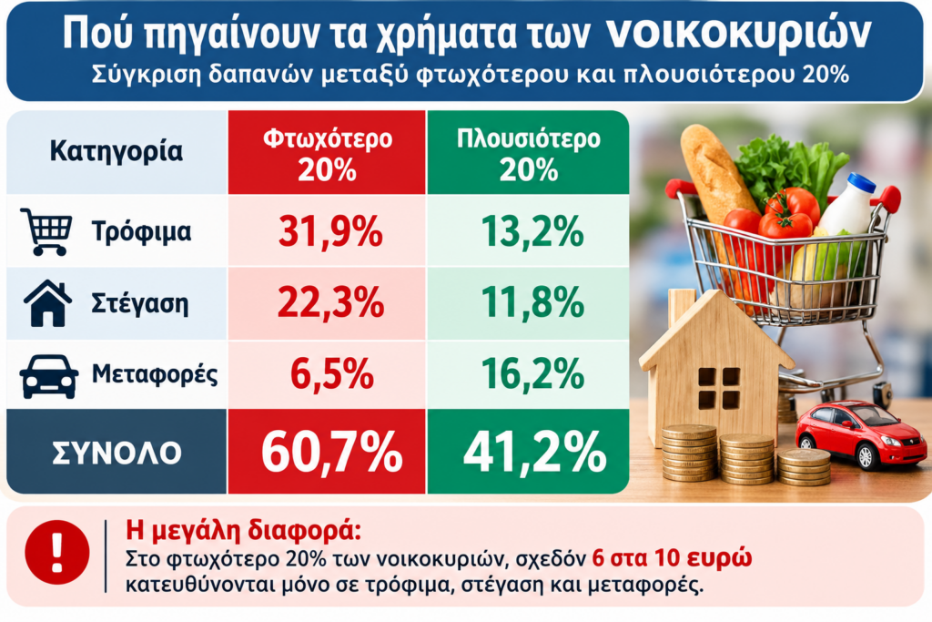 Ακρίβεια: Ποια νοικοκυριά «γονατίζουν» – Το 60% του προϋπολογισμού σε βασικές ανάγκες